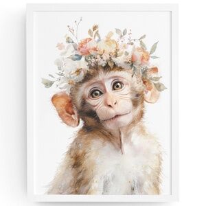 Watercolor Floral Monkey Portrait Wall Art Print Unframed - Playful Jungle Charm